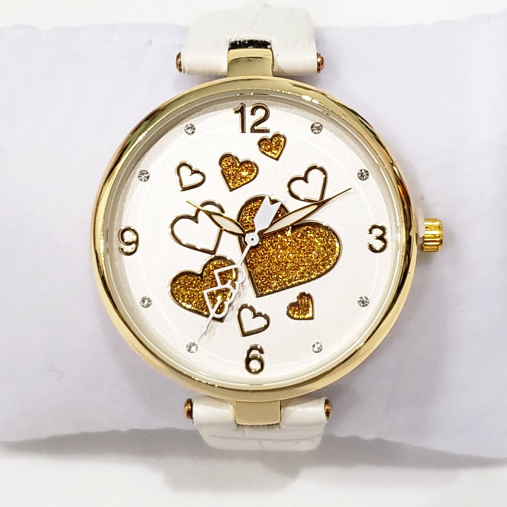 Adorable Austrian Crystal Sparkle Hearts Watch W/White Vegan Leather Strap